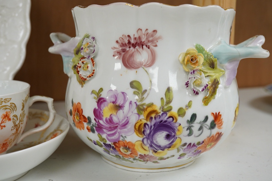A 19th century Berlin part teaset, painted en camaieu in iron red, a Meissen vineous moulded dish and a Potschappel cache pot, Cache pot 12cm high.
